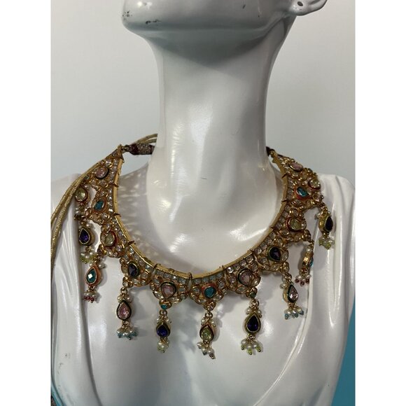 Gold tone Kundan style Indian Necklace With Multicolor faux Gemstones & Pearls T - Picture 8 of 9